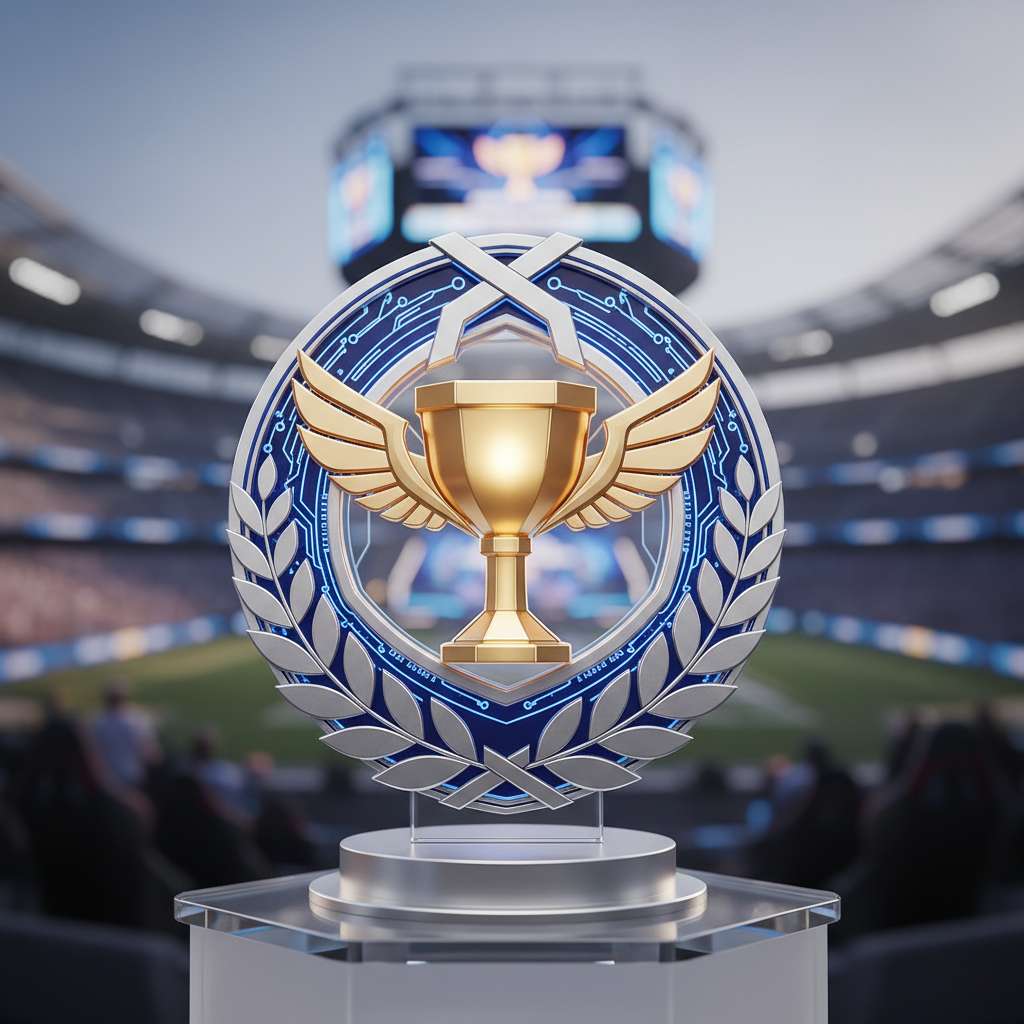 Motivo de troféu digital dourado, estilo linha, pairando acima da superfície