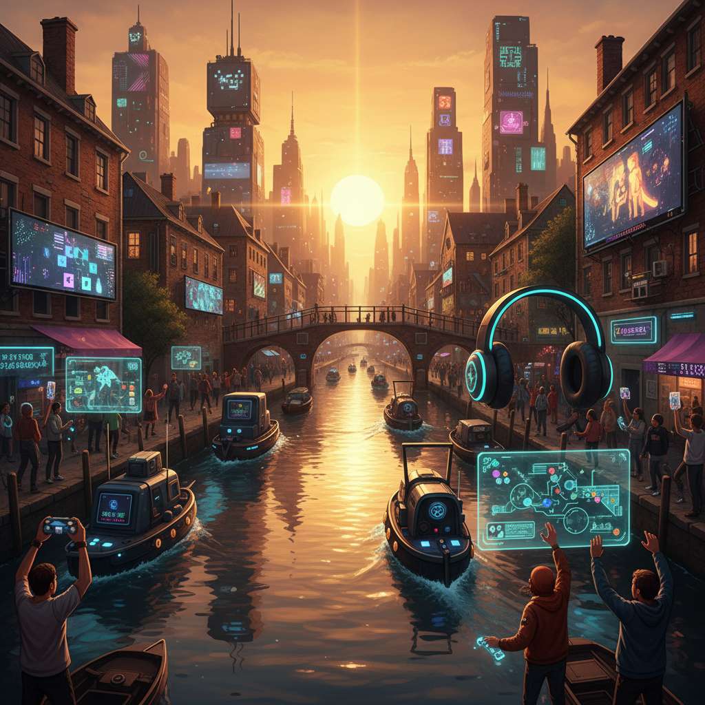 Ilustração estilizada de comunidade gamer junto a canal ao pôr-do-sol, ambiente vibrante