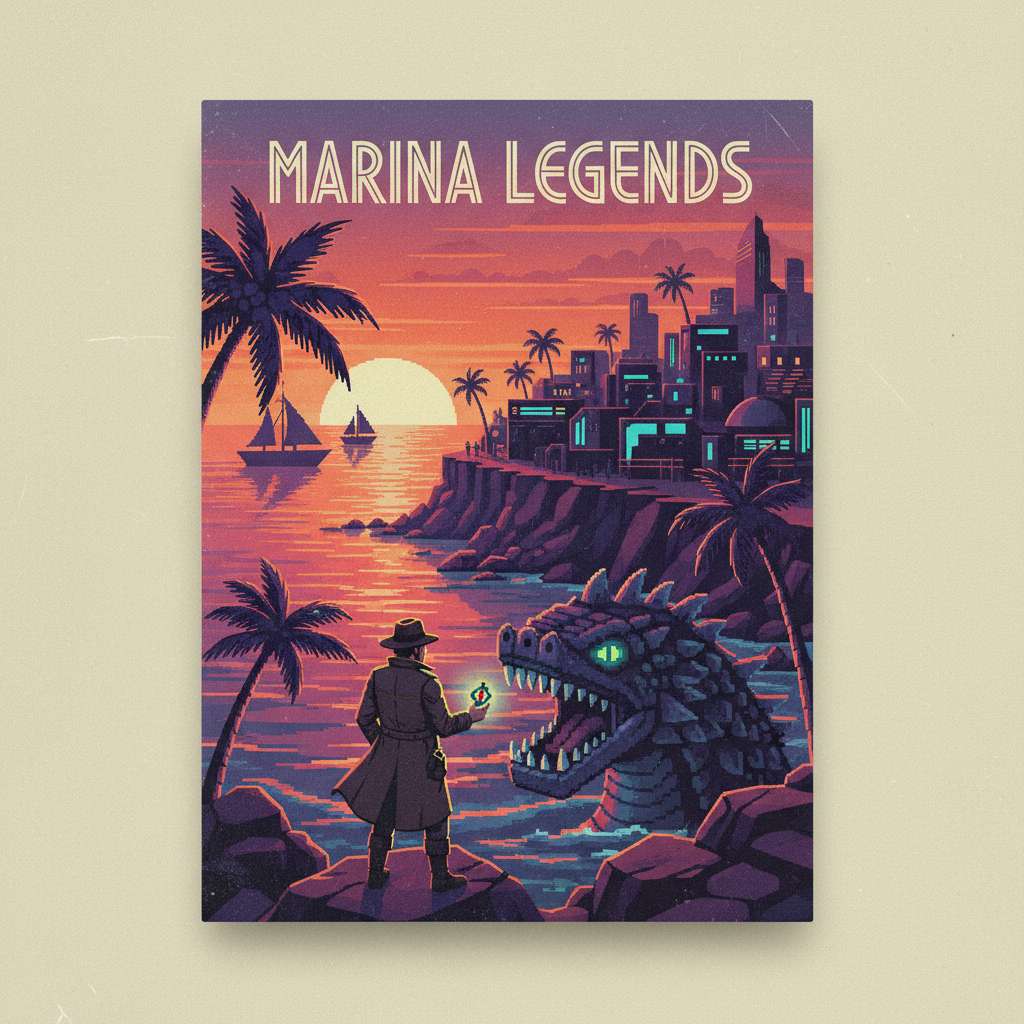 Capa retro digital Marina Legends ao anoitecer